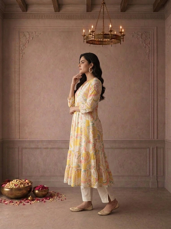 Cream Chanderi Abstract Geometric Printed Anarkali Kurta