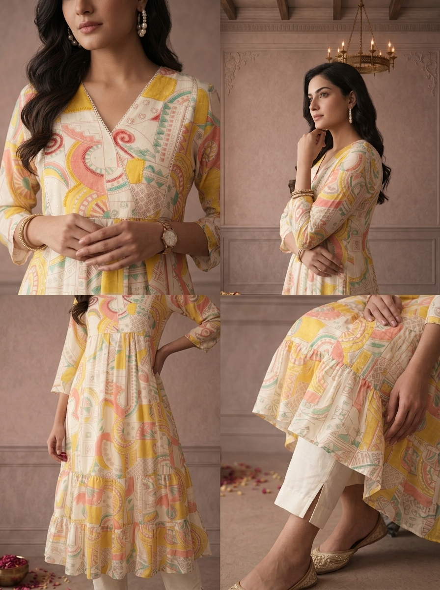 Cream Chanderi Abstract Geometric Printed Anarkali Kurta