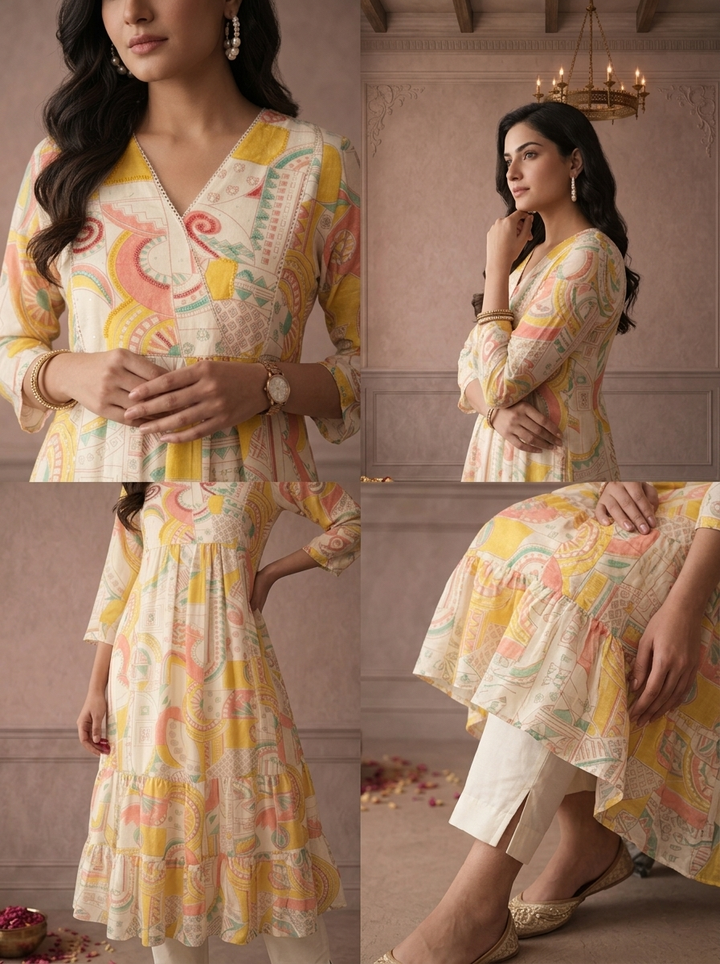 Cream Chanderi Abstract Geometric Printed Anarkali Kurta