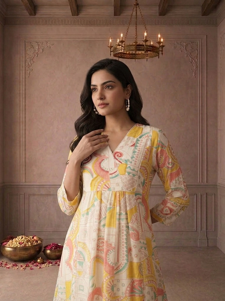 Cream Chanderi Abstract Geometric Printed Anarkali Kurta