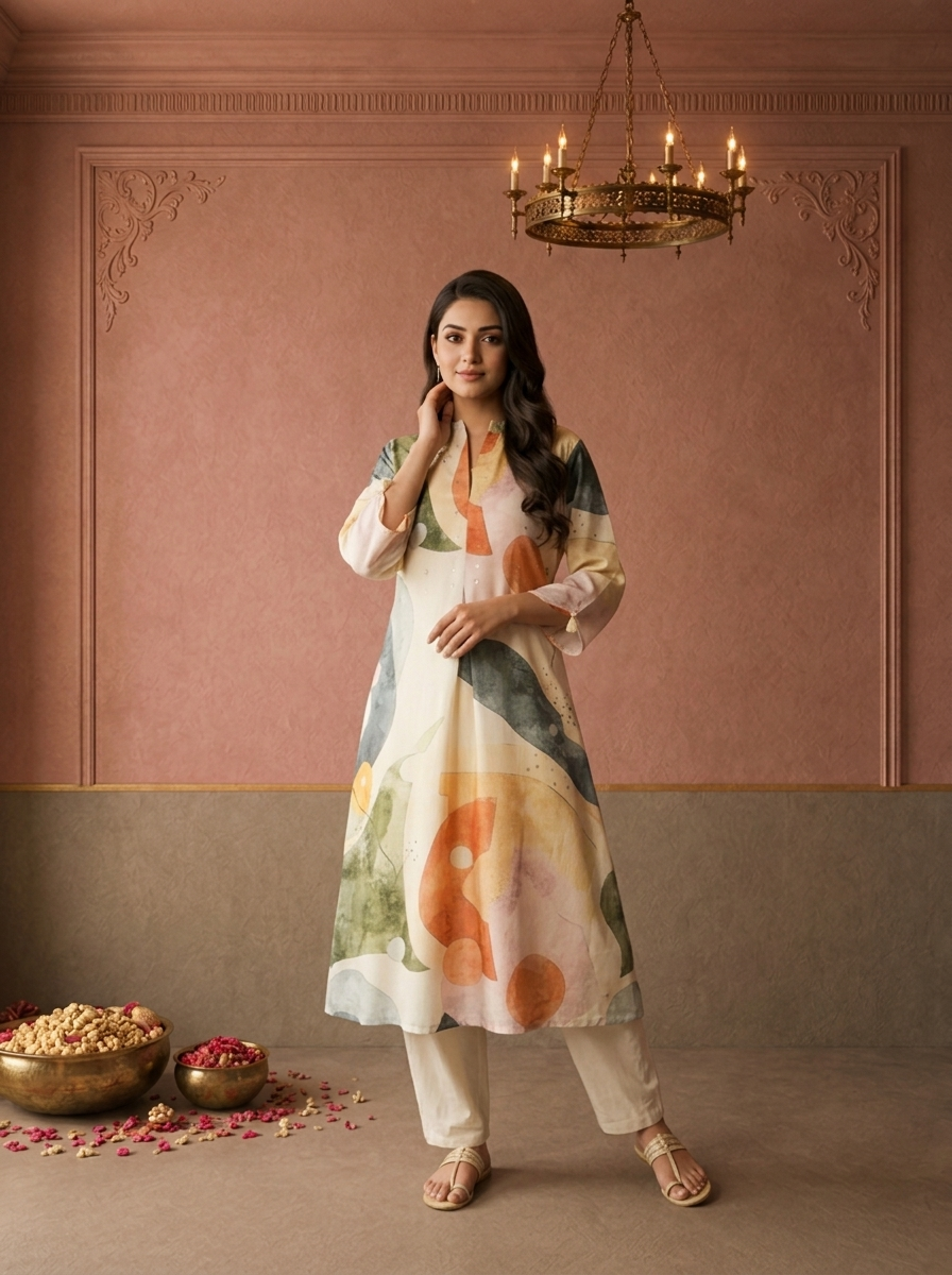 Cream Muslin Abstract Watercolor Printed Kurta