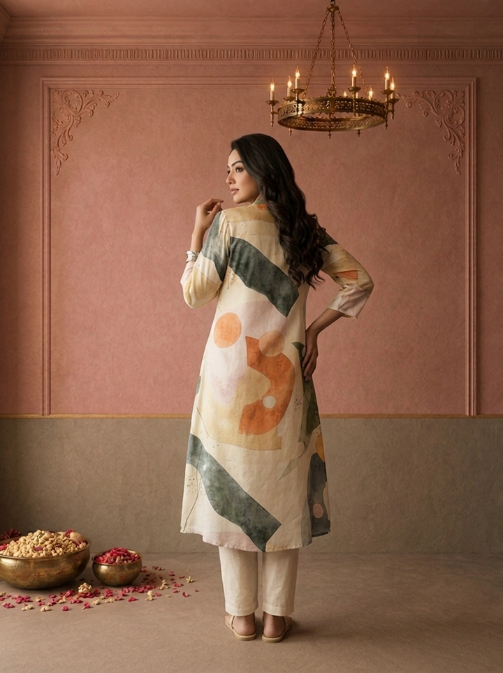 Cream Muslin Abstract Watercolor Printed Kurta