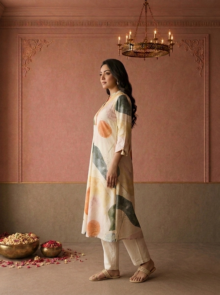 Cream Muslin Abstract Watercolor Printed Kurta