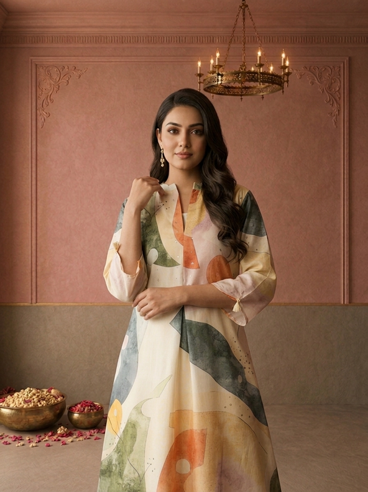 Cream Muslin Abstract Watercolor Printed Kurta