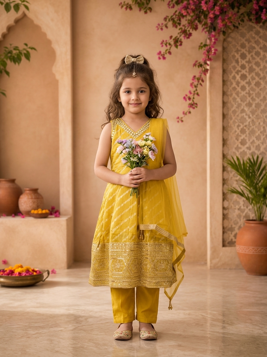 Yellow Banaras Zari Leheriya Striped Printed Anarkali Kurta Set