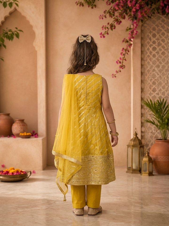 Yellow Banaras Zari Leheriya Striped Printed Anarkali Kurta Set