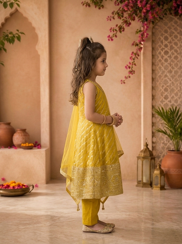 Yellow Banaras Zari Leheriya Striped Printed Anarkali Kurta Set