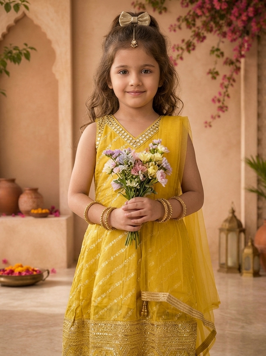 Yellow Banaras Zari Leheriya Striped Printed Anarkali Kurta Set