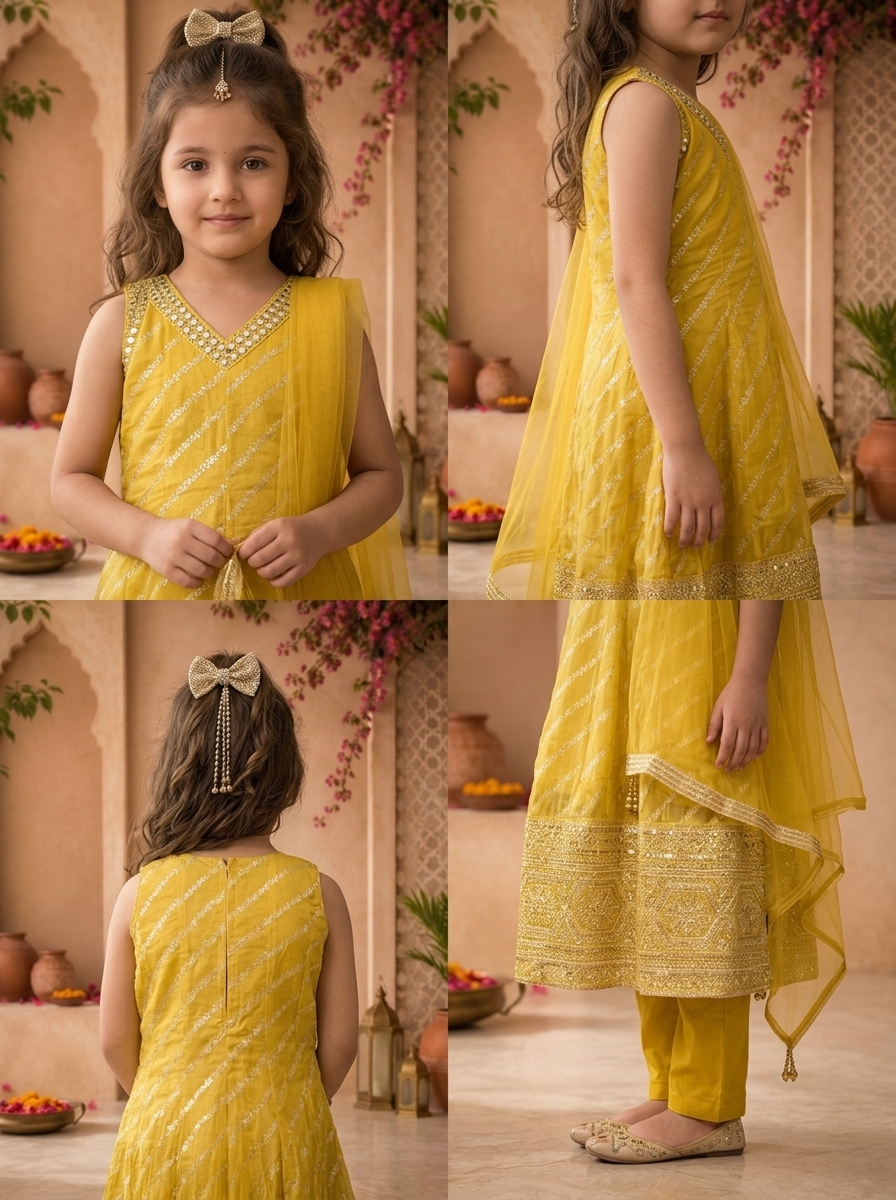 Yellow Banaras Zari Leheriya Striped Printed Anarkali Kurta Set