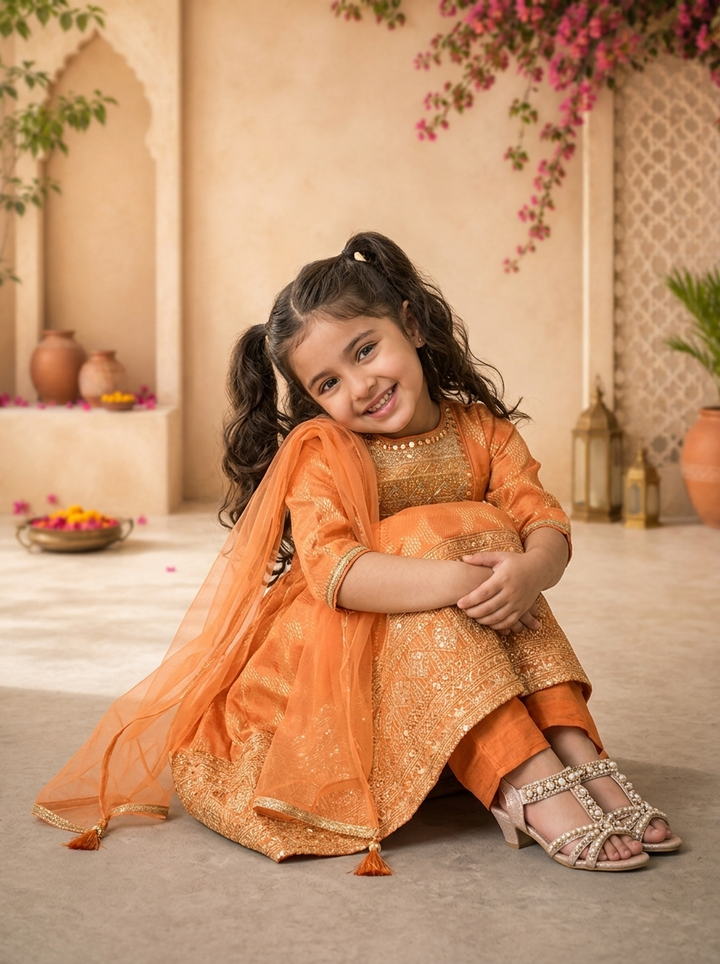 Rust Banaras Zari Ikat Diamond Printed Anarkali Kurta Set
