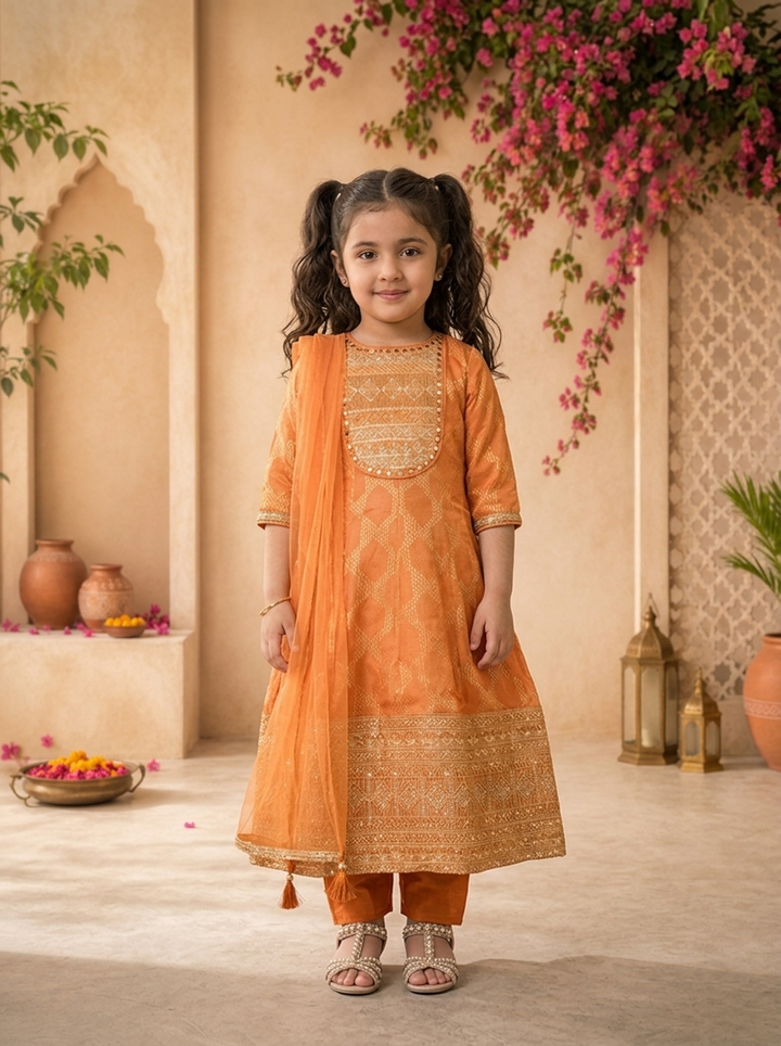 Rust Banaras Zari Ikat Diamond Printed Anarkali Kurta Set