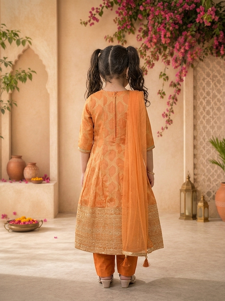 Rust Banaras Zari Ikat Diamond Printed Anarkali Kurta Set