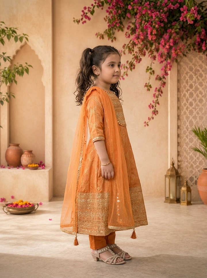 Rust Banaras Zari Ikat Diamond Printed Anarkali Kurta Set