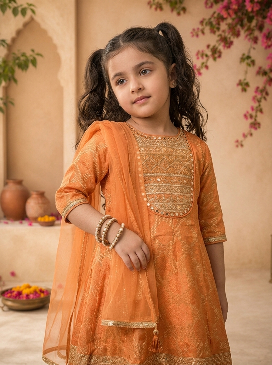 Rust Banaras Zari Ikat Diamond Printed Anarkali Kurta Set