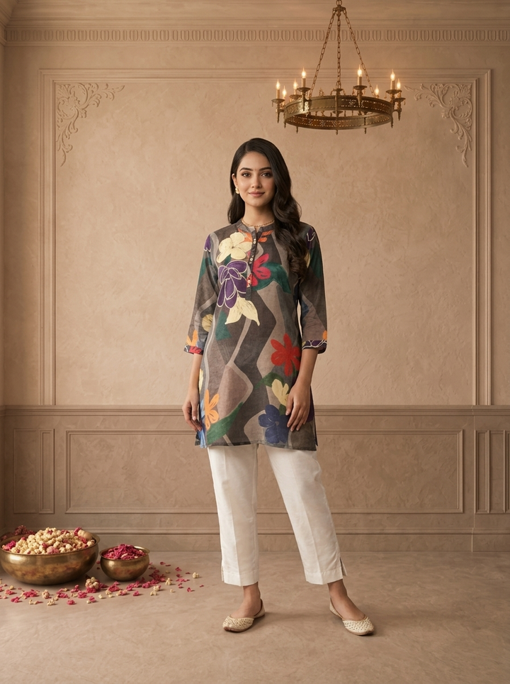 Grey Crepe Multicolour Abstract Floral Printed Short Kurta