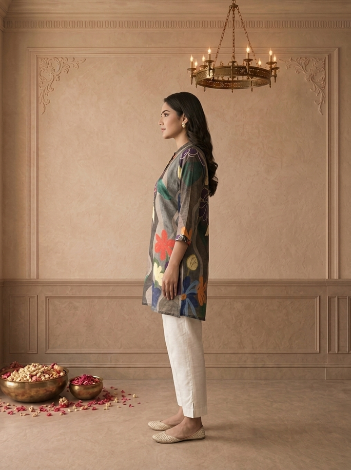 Grey Crepe Multicolour Abstract Floral Printed Short Kurta
