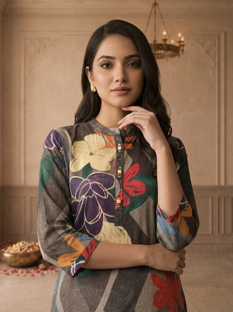 Grey Crepe Multicolour Abstract Floral Printed Short Kurta