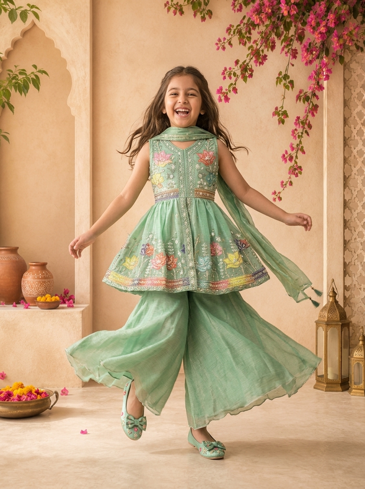 Green Tissue Multicolor Lotus Floral And Stone Embroidered Palazzo Set