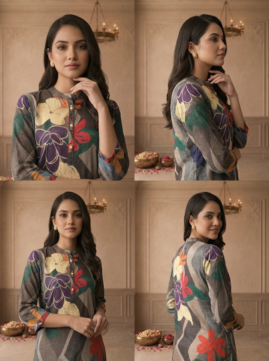 Grey Crepe Multicolour Abstract Floral Printed Short Kurta