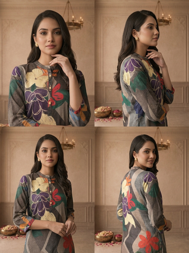 Grey Crepe Multicolour Abstract Floral Printed Short Kurta