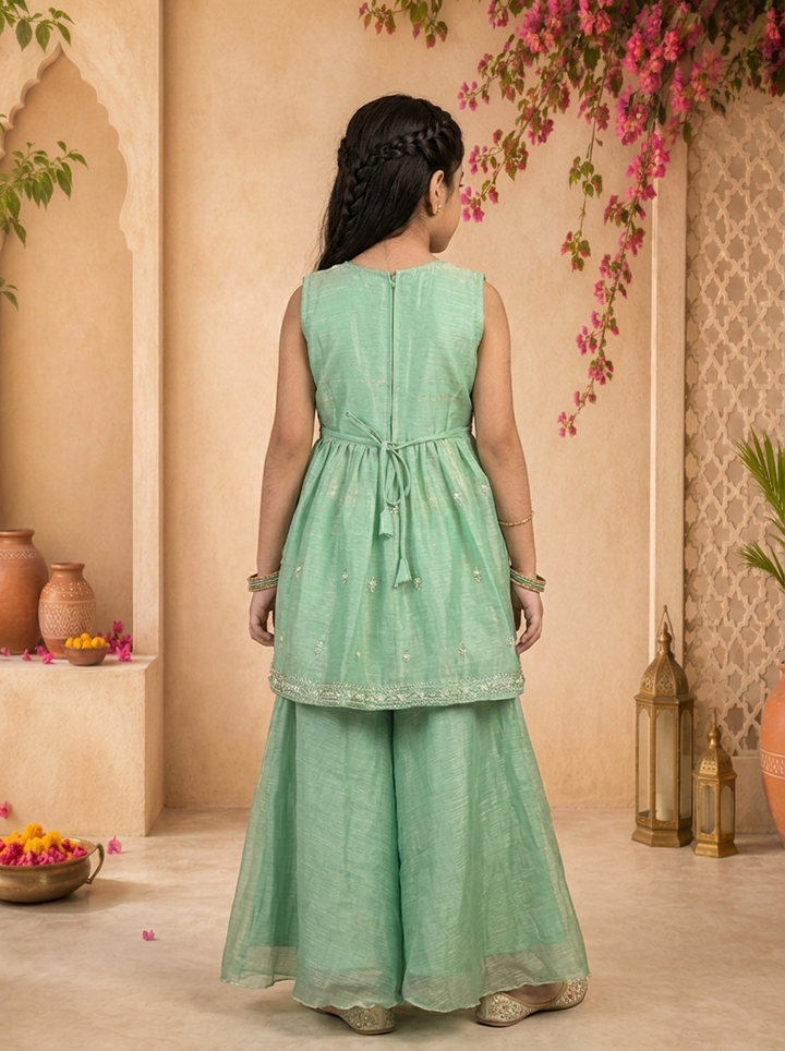 Green Tissue Multicolor Lotus Floral And Stone Embroidered Palazzo Set