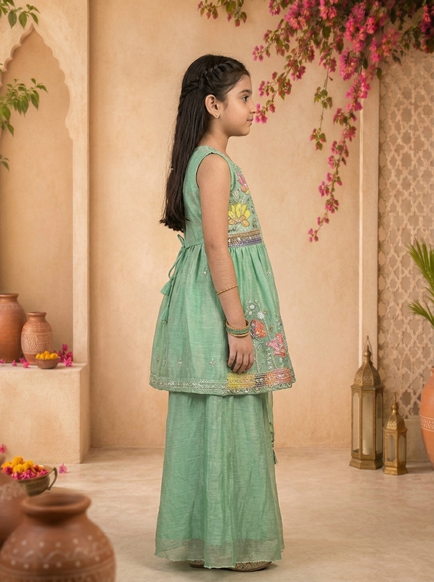 Green Tissue Multicolor Lotus Floral And Stone Embroidered Palazzo Set