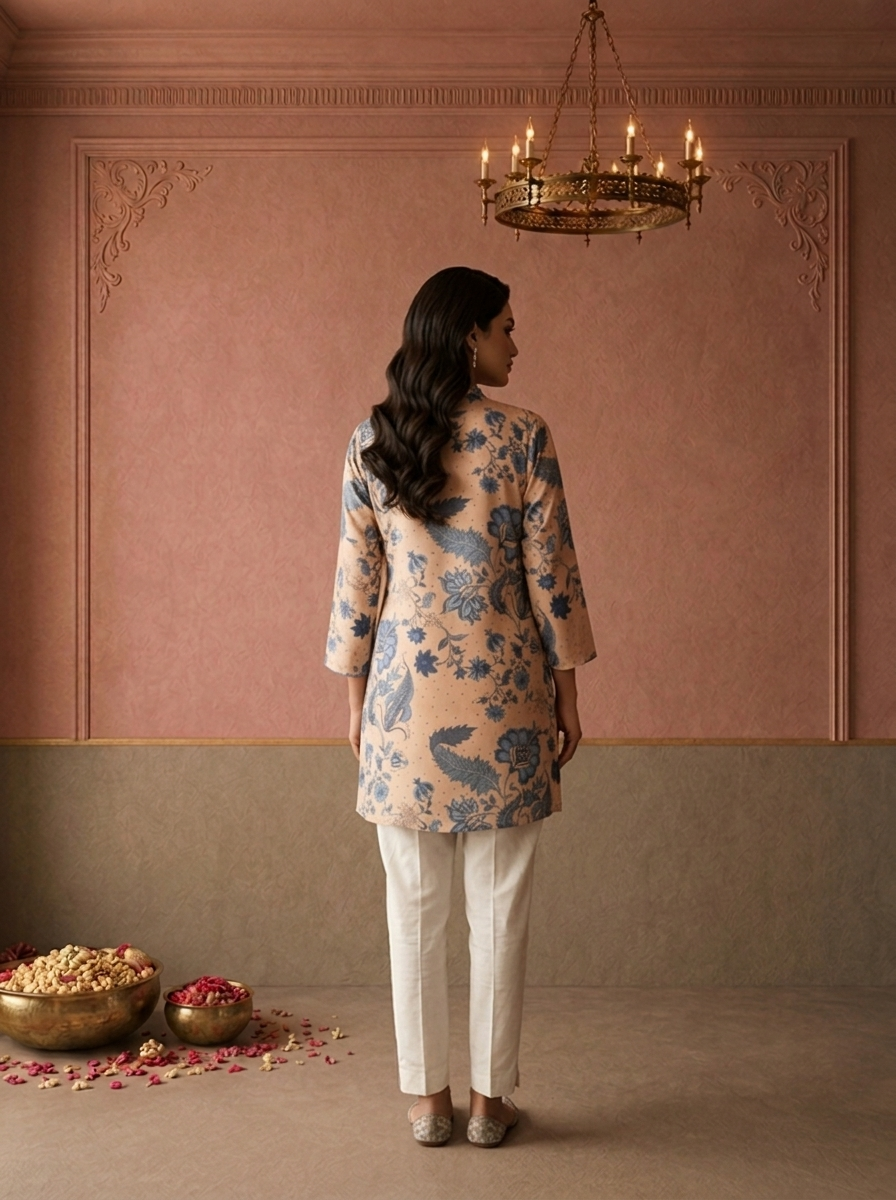 Beige Crepe Chintz Floral Printed Short Kurta
