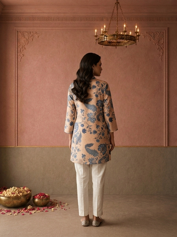 Beige Crepe Chintz Floral Printed Short Kurta