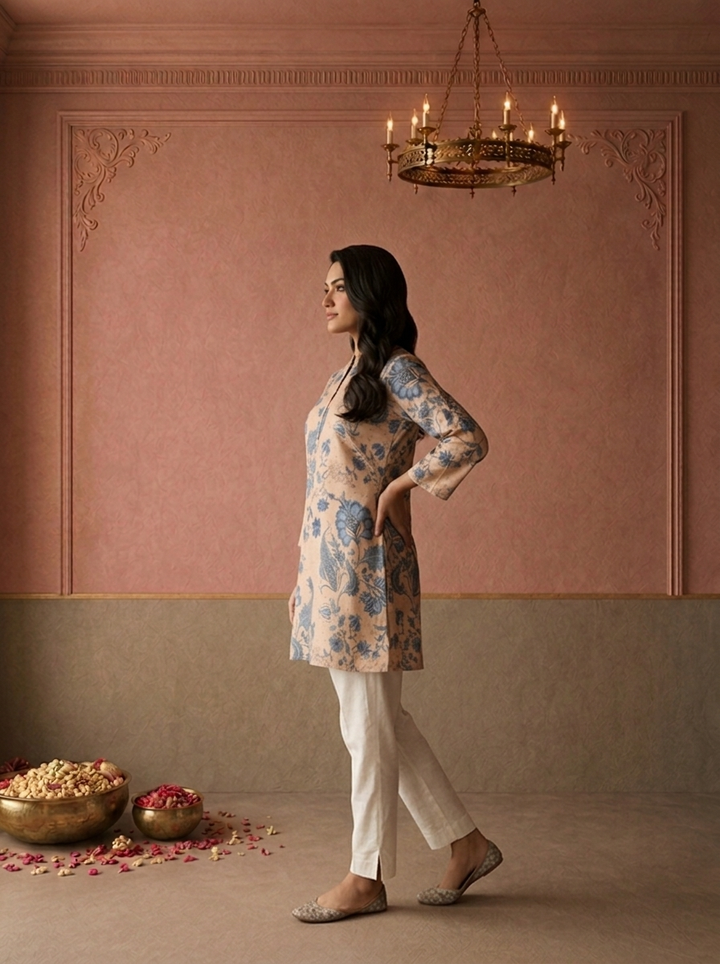 Beige Crepe Chintz Floral Printed Short Kurta