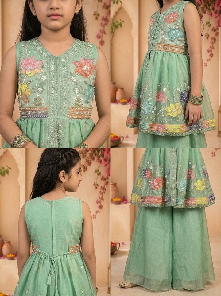 Green Tissue Multicolor Lotus Floral And Stone Embroidered Palazzo Set