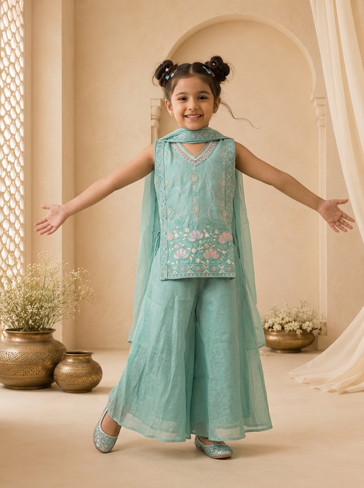 Sky Blue Tissue Lotus Floral Embroidered Palazzo Set