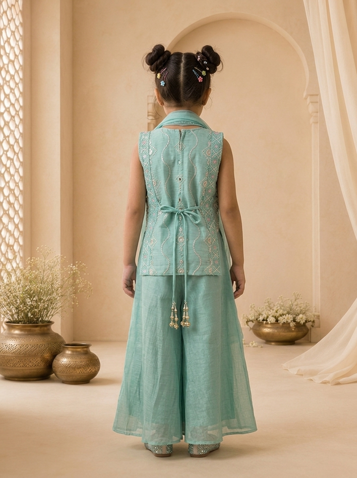 Sky Blue Tissue Lotus Floral Embroidered Palazzo Set