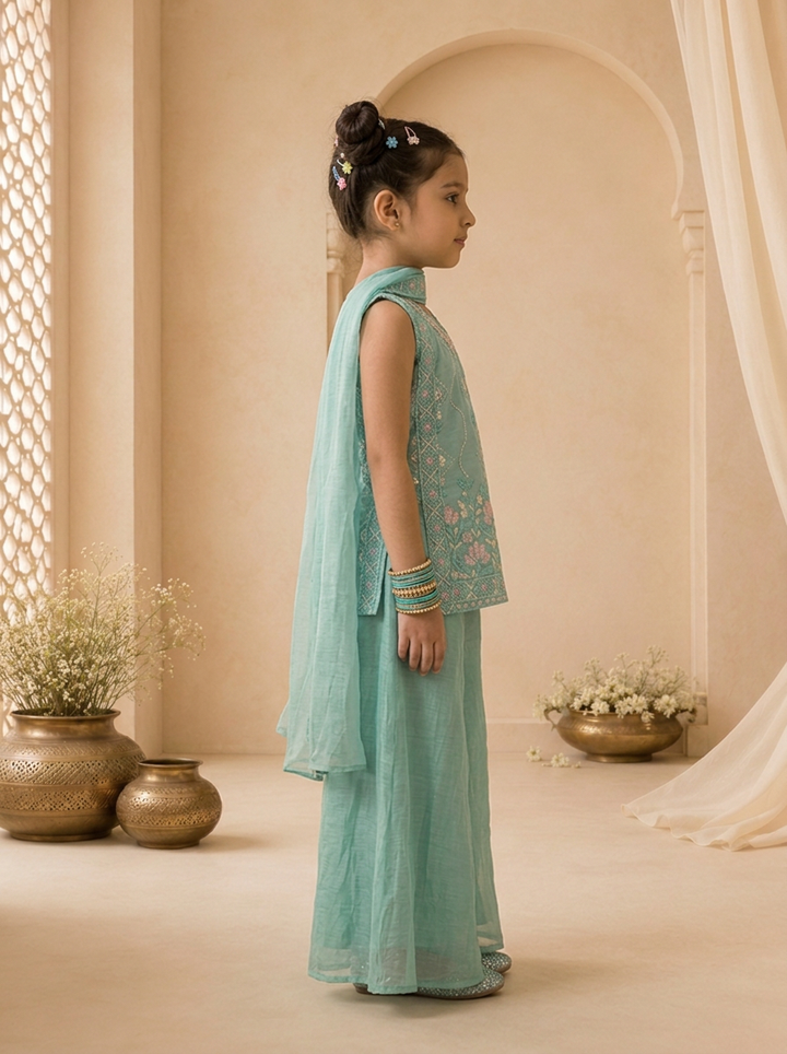 Sky Blue Tissue Lotus Floral Embroidered Palazzo Set