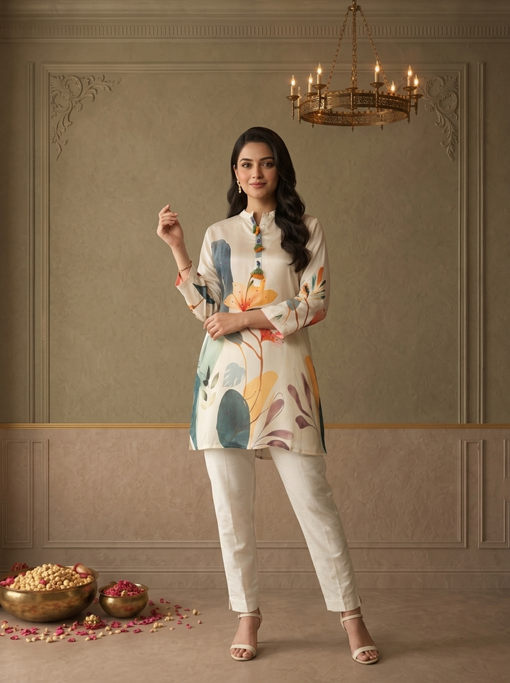 White Crepe Tropical Floral Printed Short Kurta