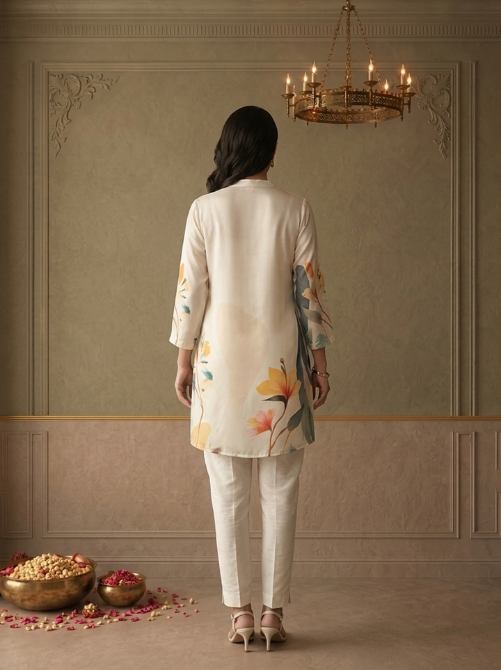 White Crepe Tropical Floral Printed Short Kurta
