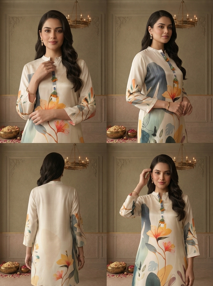 White Crepe Tropical Floral Printed Short Kurta