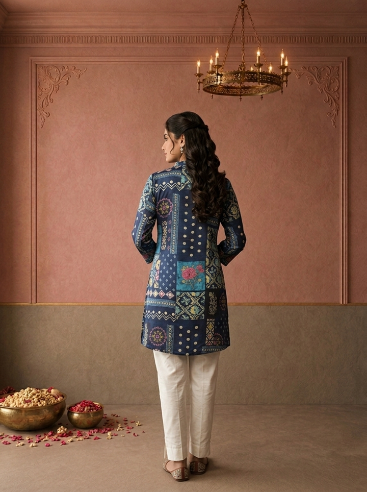 Navy Blue Crepe Polka Patchwork Printed Short Kurta