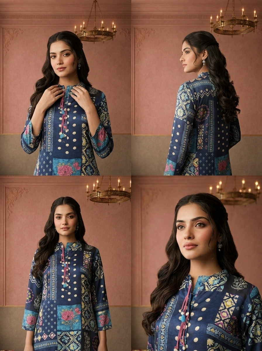 Navy Blue Crepe Polka Patchwork Printed Short Kurta
