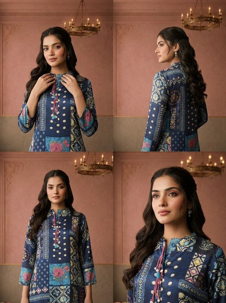 Navy Blue Crepe Polka Patchwork Printed Short Kurta