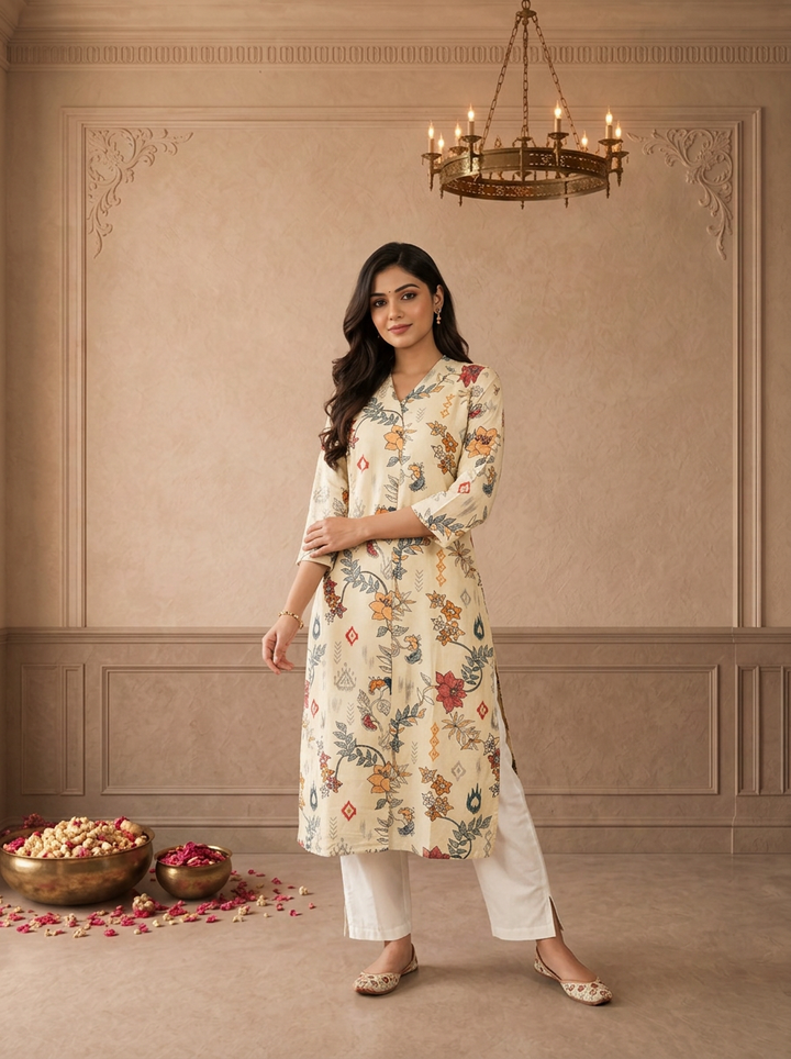 Cream Muslin Chintz Floral Vine Printed Kurta
