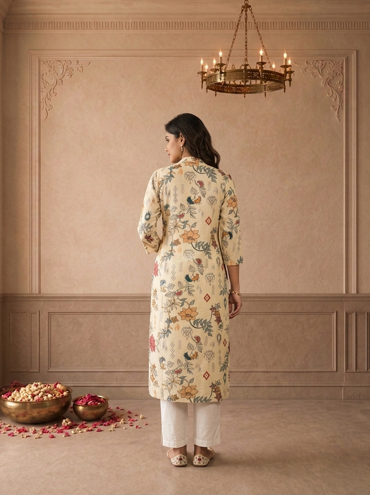 Cream Muslin Chintz Floral Vine Printed Kurta