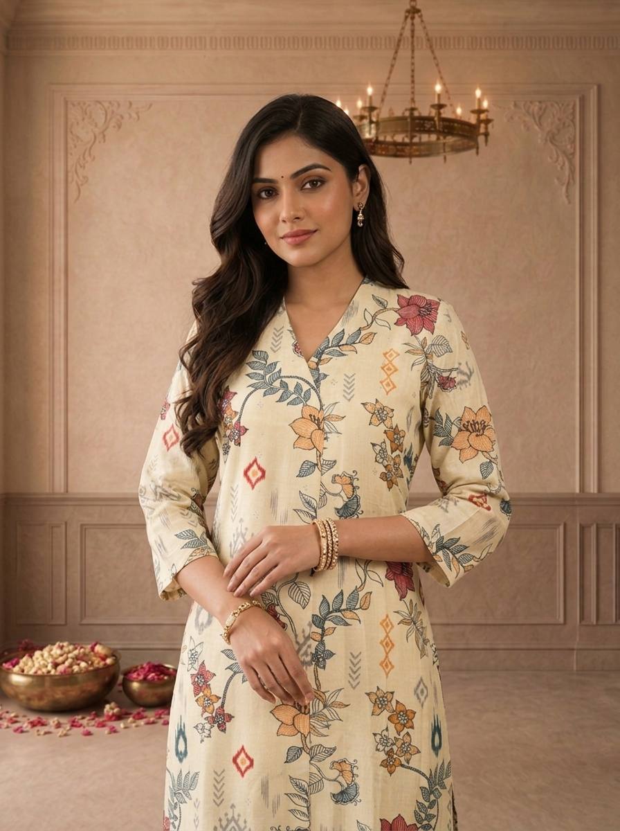 Cream Muslin Chintz Floral Vine Printed Kurta