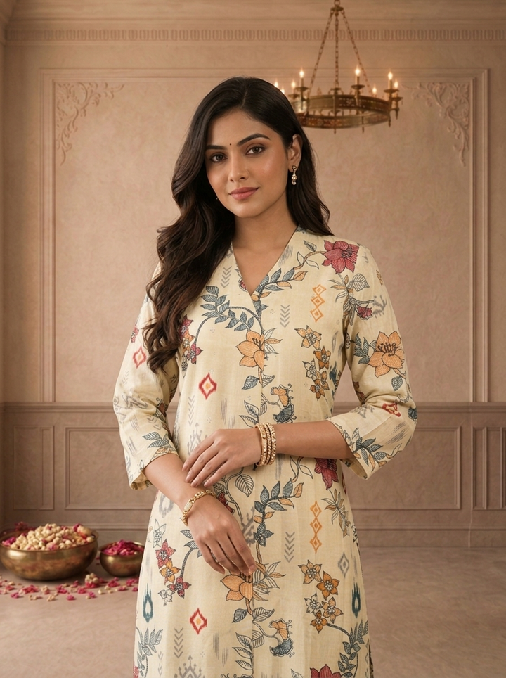 Cream Muslin Chintz Floral Vine Printed Kurta