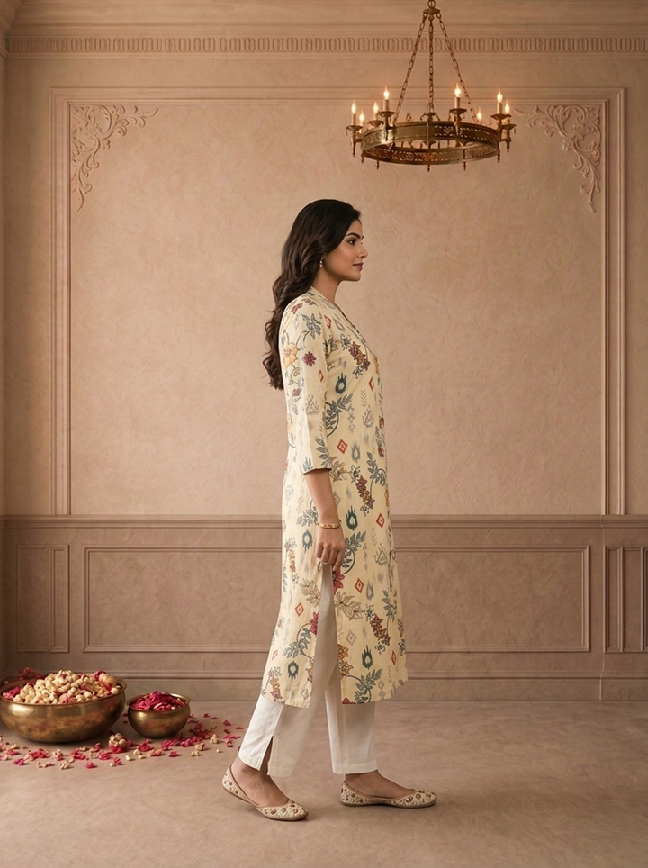 Cream Muslin Chintz Floral Vine Printed Kurta