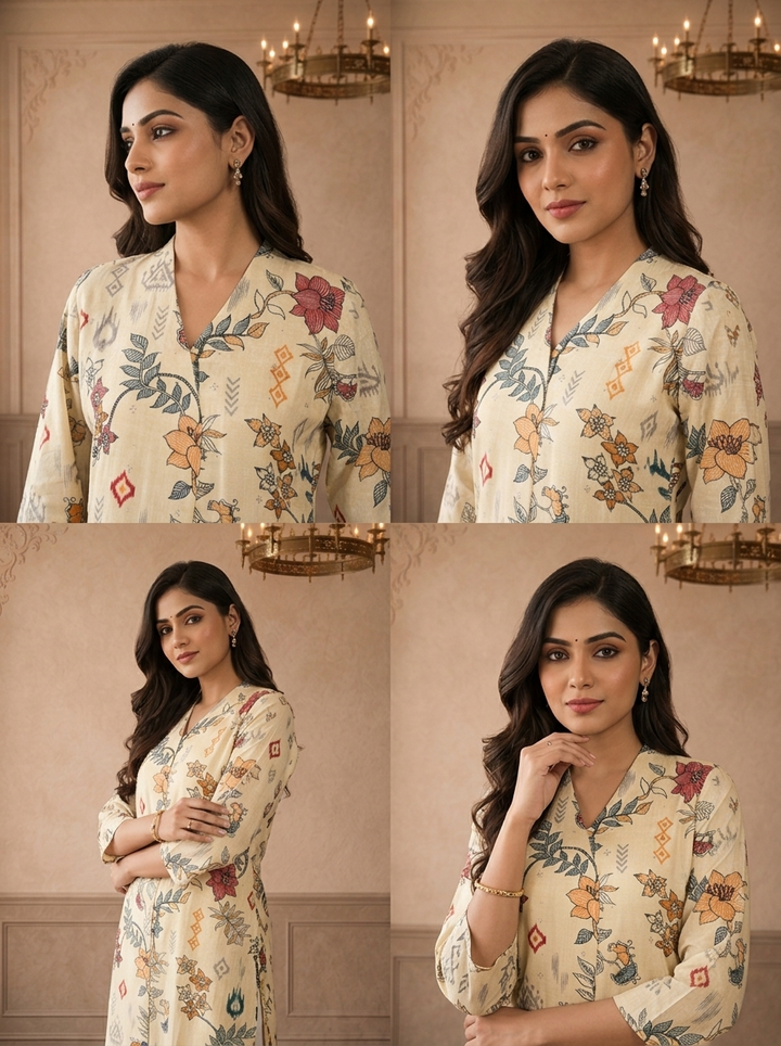 Cream Muslin Chintz Floral Vine Printed Kurta