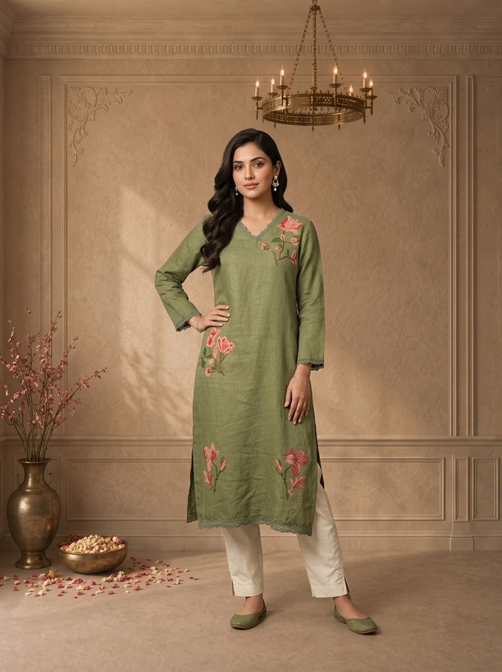Olive Linen Tulip Magnolia Embroidered Two Piece Set