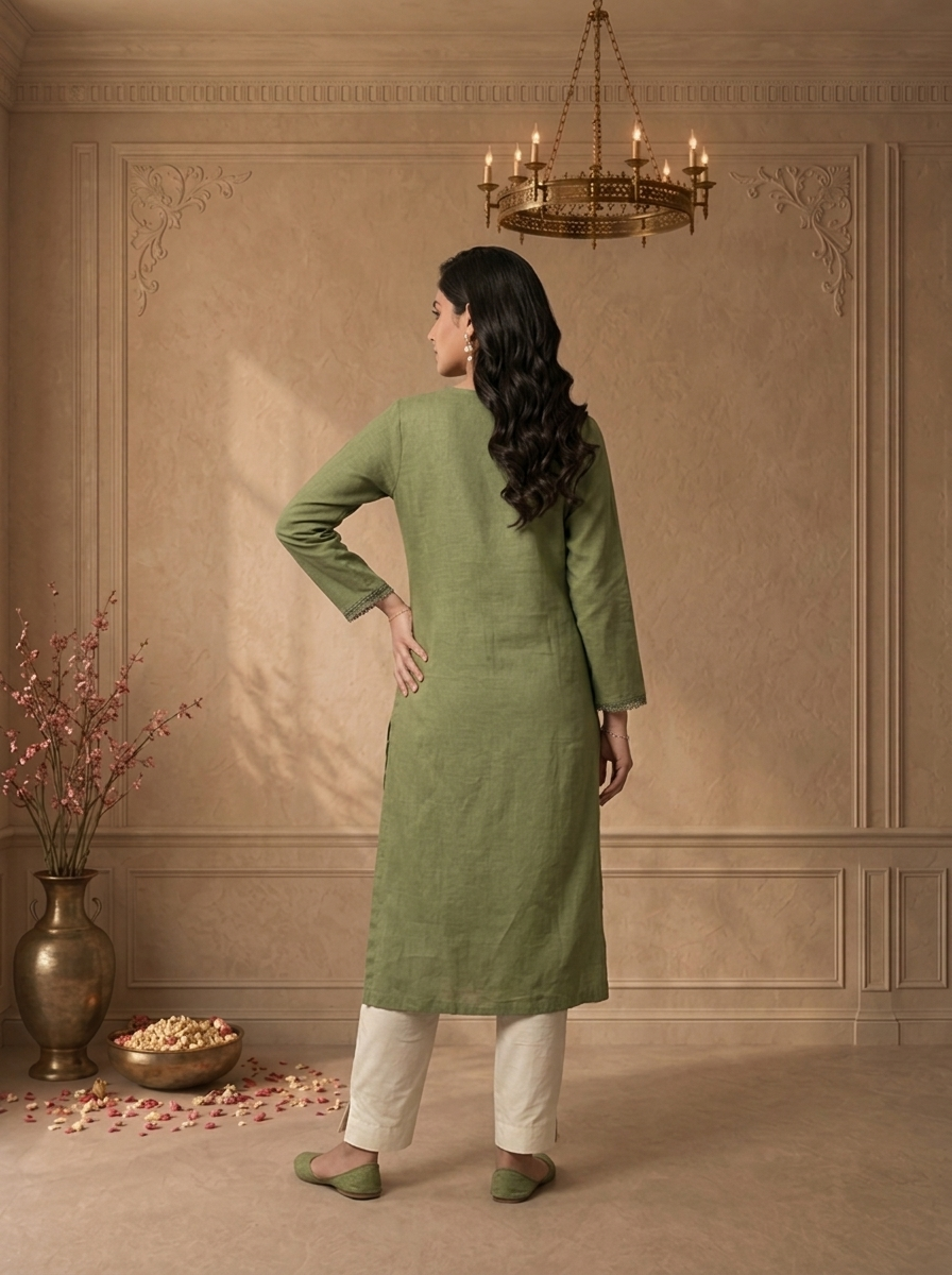 Olive Linen Tulip Magnolia Embroidered Two Piece Set