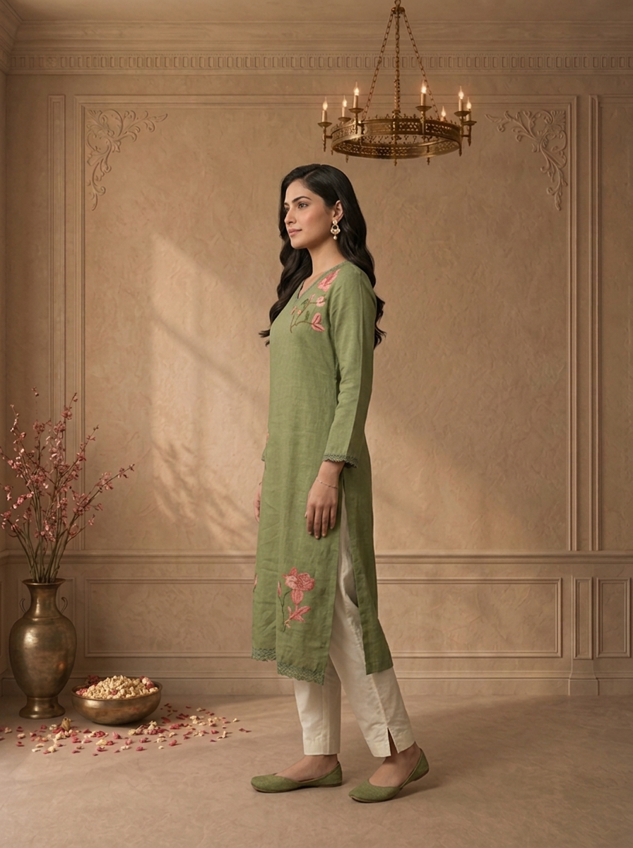 Olive Linen Tulip Magnolia Embroidered Two Piece Set