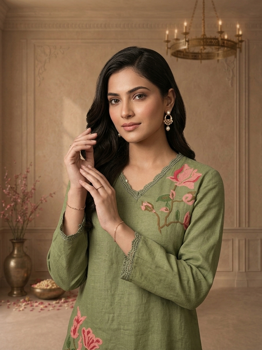 Olive Linen Tulip Magnolia Embroidered Two Piece Set