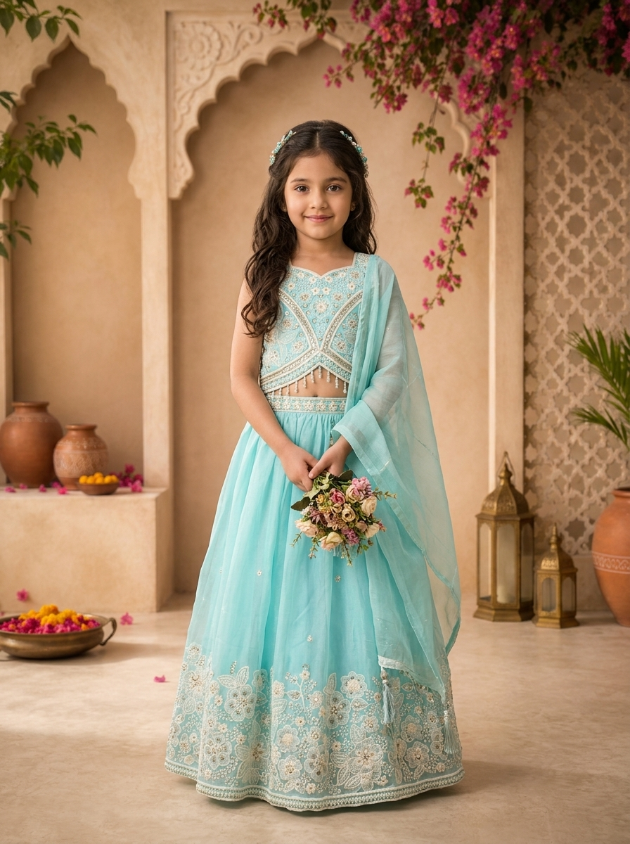 Sky Blue  Tissue Floral Stone And Thread Embroidered Ghagra Set